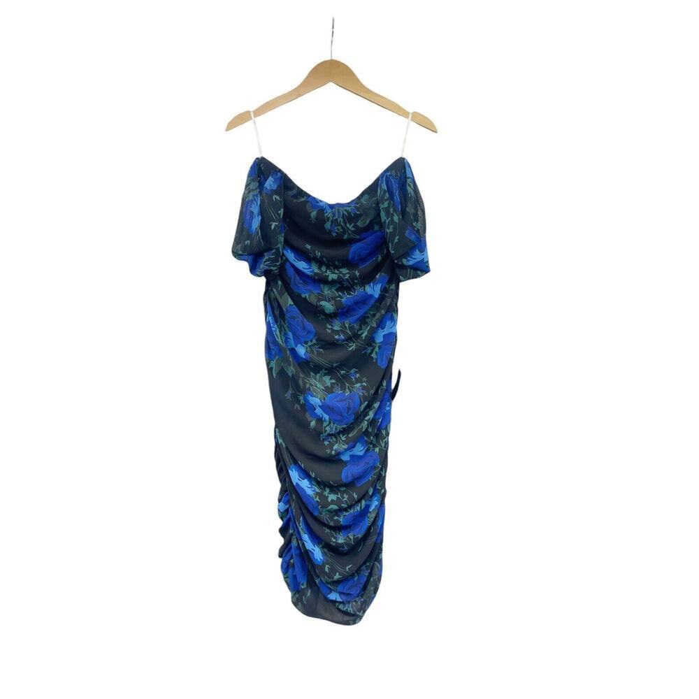 Lulu’s Blithesome Dark Blue Black Floral Ruched Midi Dress Cocktail Womens Small